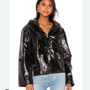 LPA Delaney Black Faux Patent Hooded Pullover 1/4 Zip Jacket Small